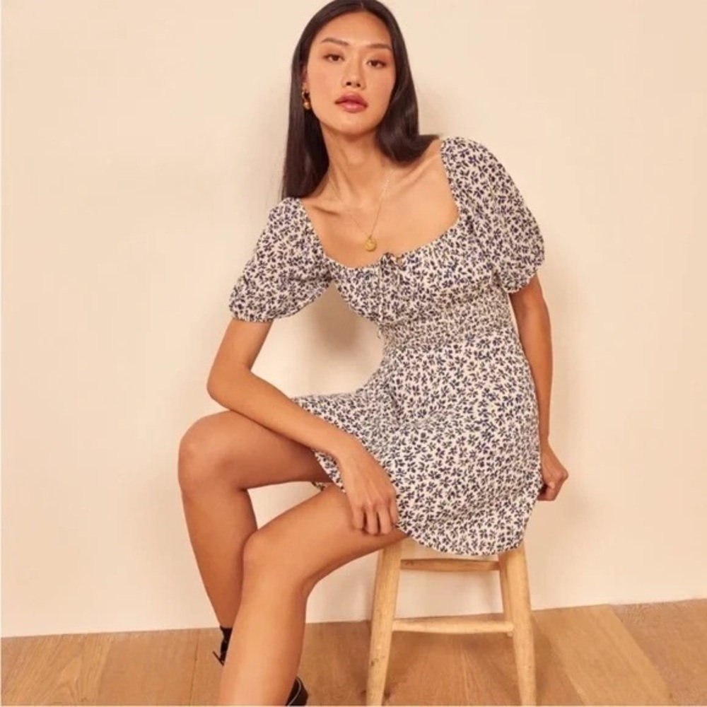 Reformation Jo Mini Dress in Blue and White Floral